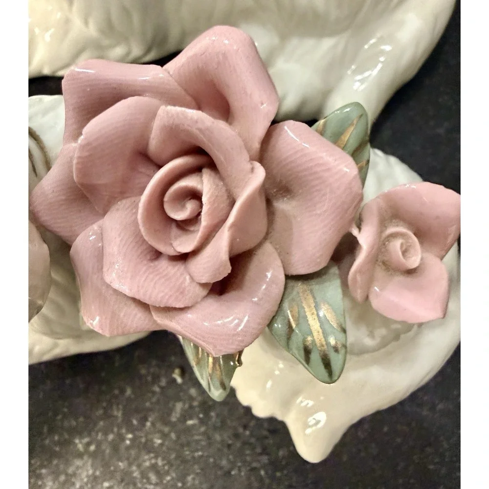 Vintage Cat & Dog Ceramic Figurines Pair Applied Roses Mid Century Japan
